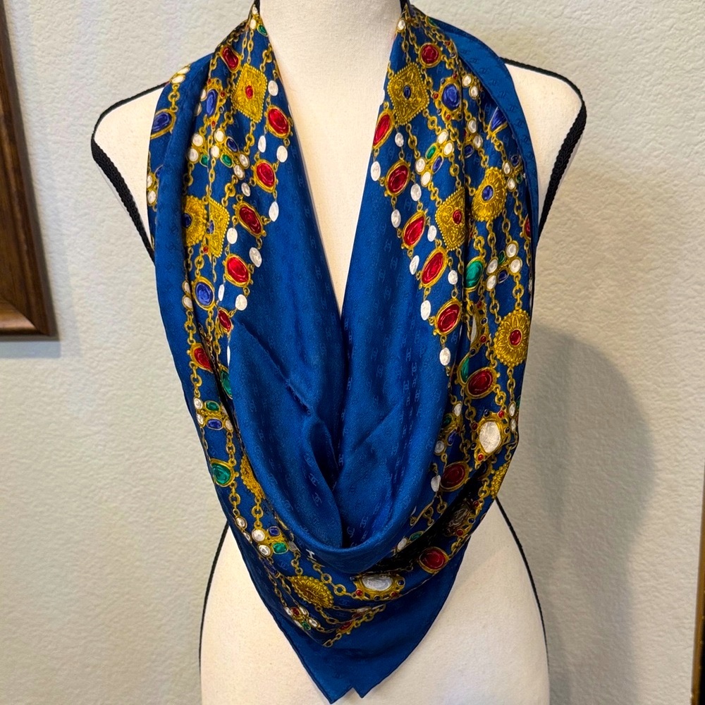 Authentic CHANEL Blue Scarf with Gold and Red Accents